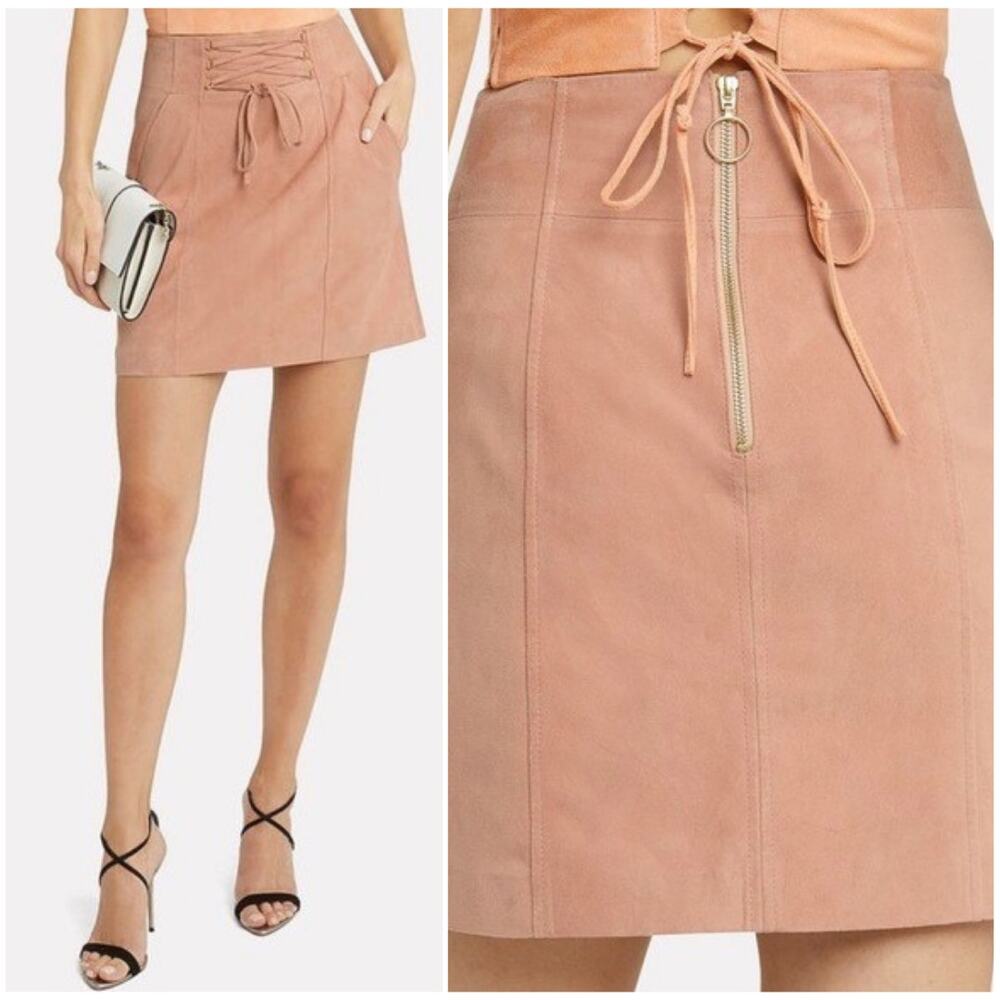 INTERMIX -NWT- Suede Talia Lace-Up Mini Skirt in Blush Pink | 6